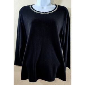 Sag Harbor Black Bead Sequin Round Neck Sweater Top Large Lightweight Soft Knit